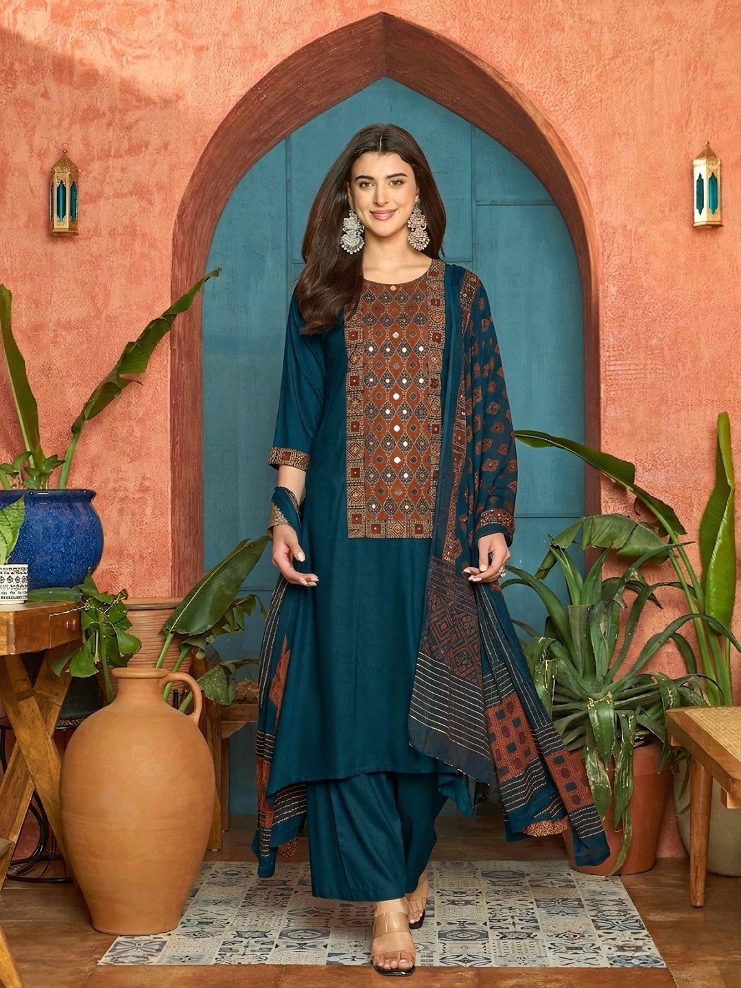 Solid Rayon A-Line Kurta Palazzo Dupatta Set