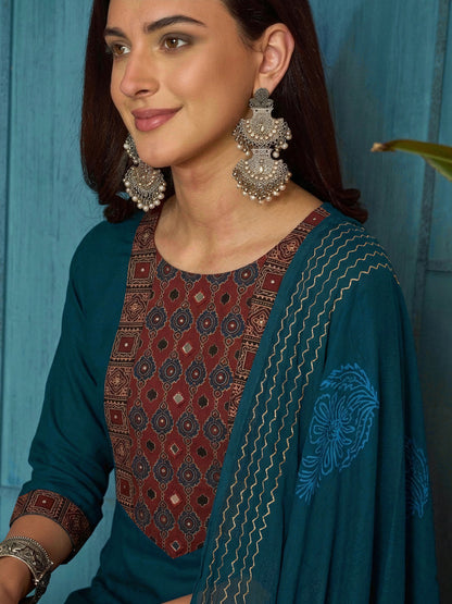 Solid Rayon A-Line Kurta Palazzo Dupatta Set