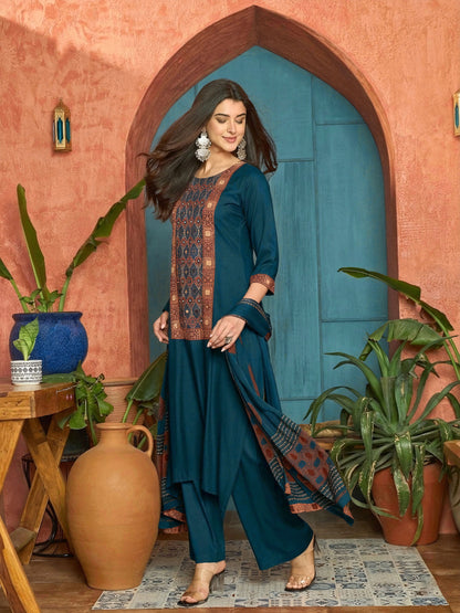 Solid Rayon A-Line Kurta Palazzo Dupatta Set