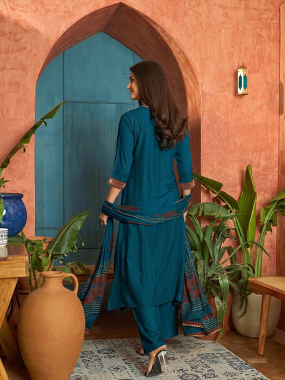 Solid Rayon A-Line Kurta Palazzo Dupatta Set