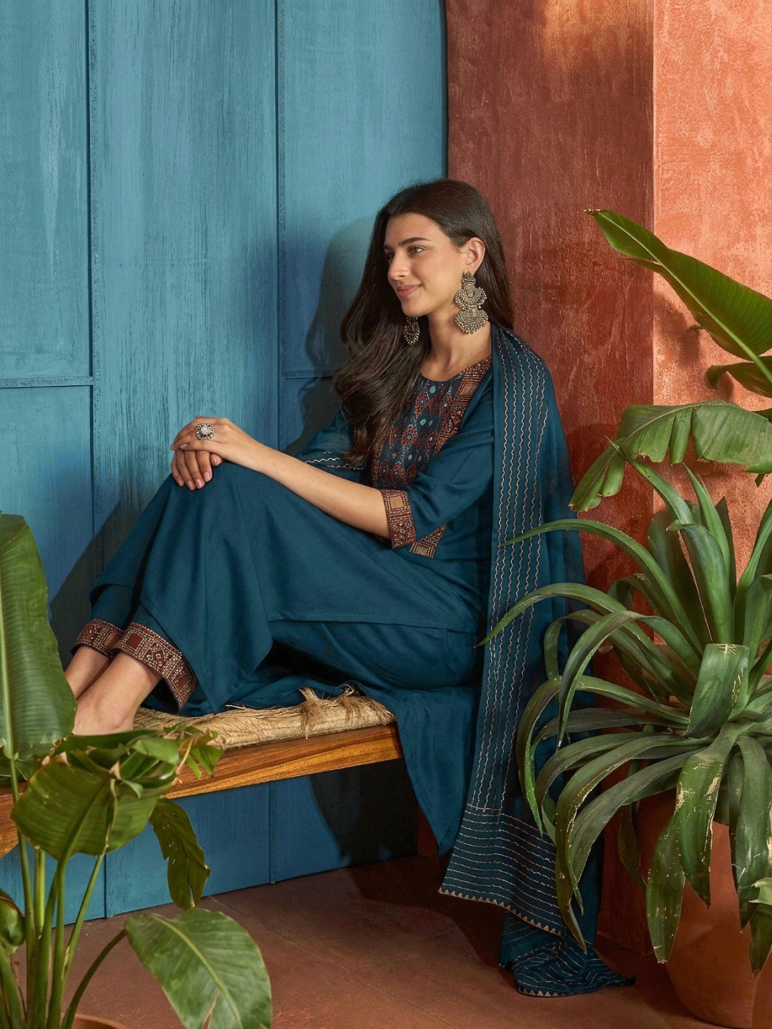 Solid Rayon A-Line Kurta Palazzo Dupatta Set