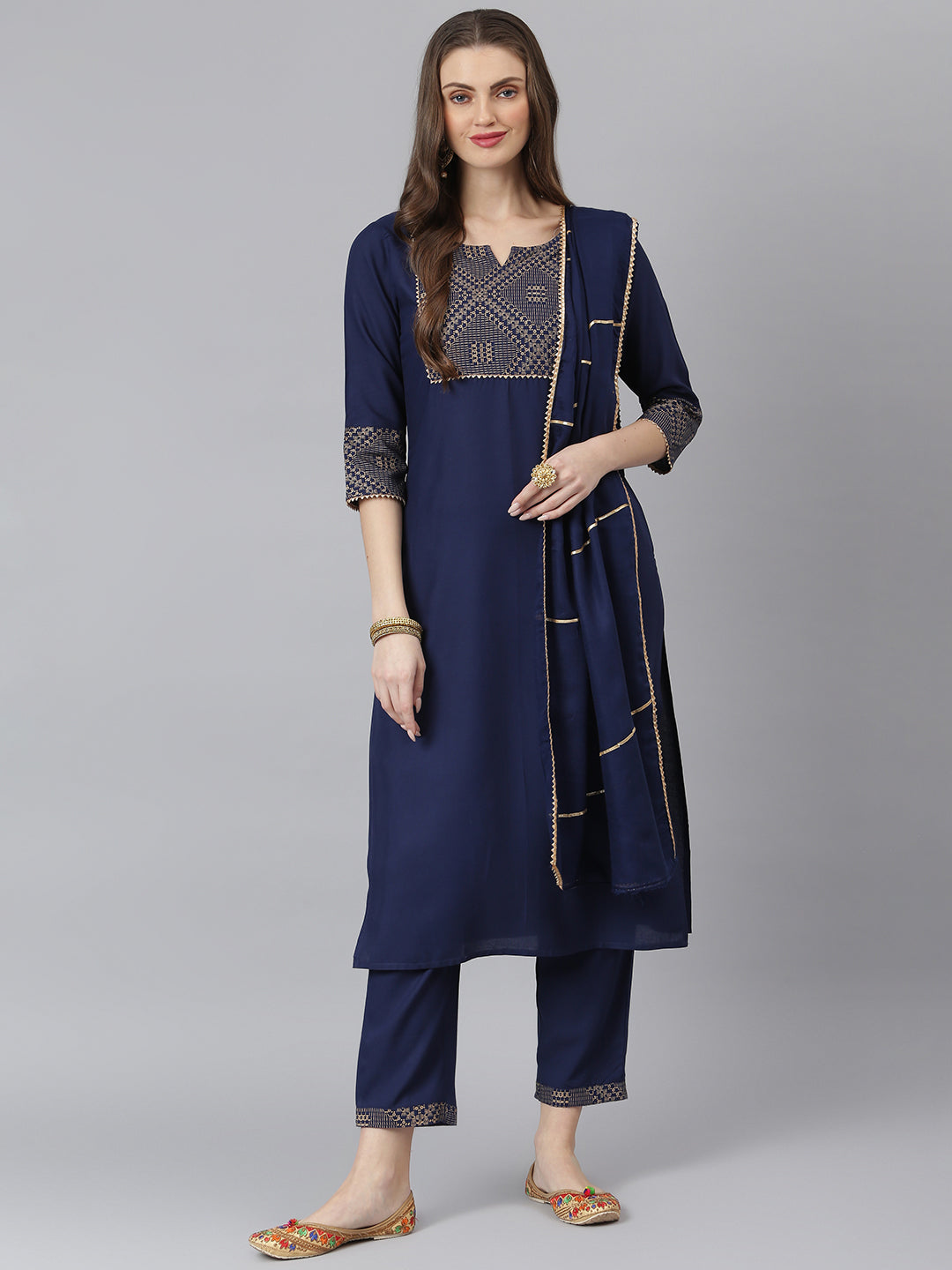 Women Gold Printed Rayon Straight Kurta Pant Dupatta Set (Pre-Order)