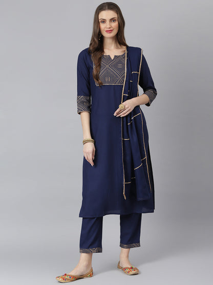 Women Gold Printed Rayon Straight Kurta Pant Dupatta Set (Pre-Order)