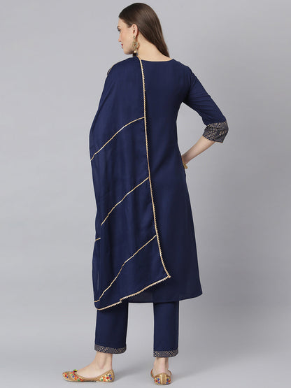 Women Gold Printed Rayon Straight Kurta Pant Dupatta Set (Pre-Order)