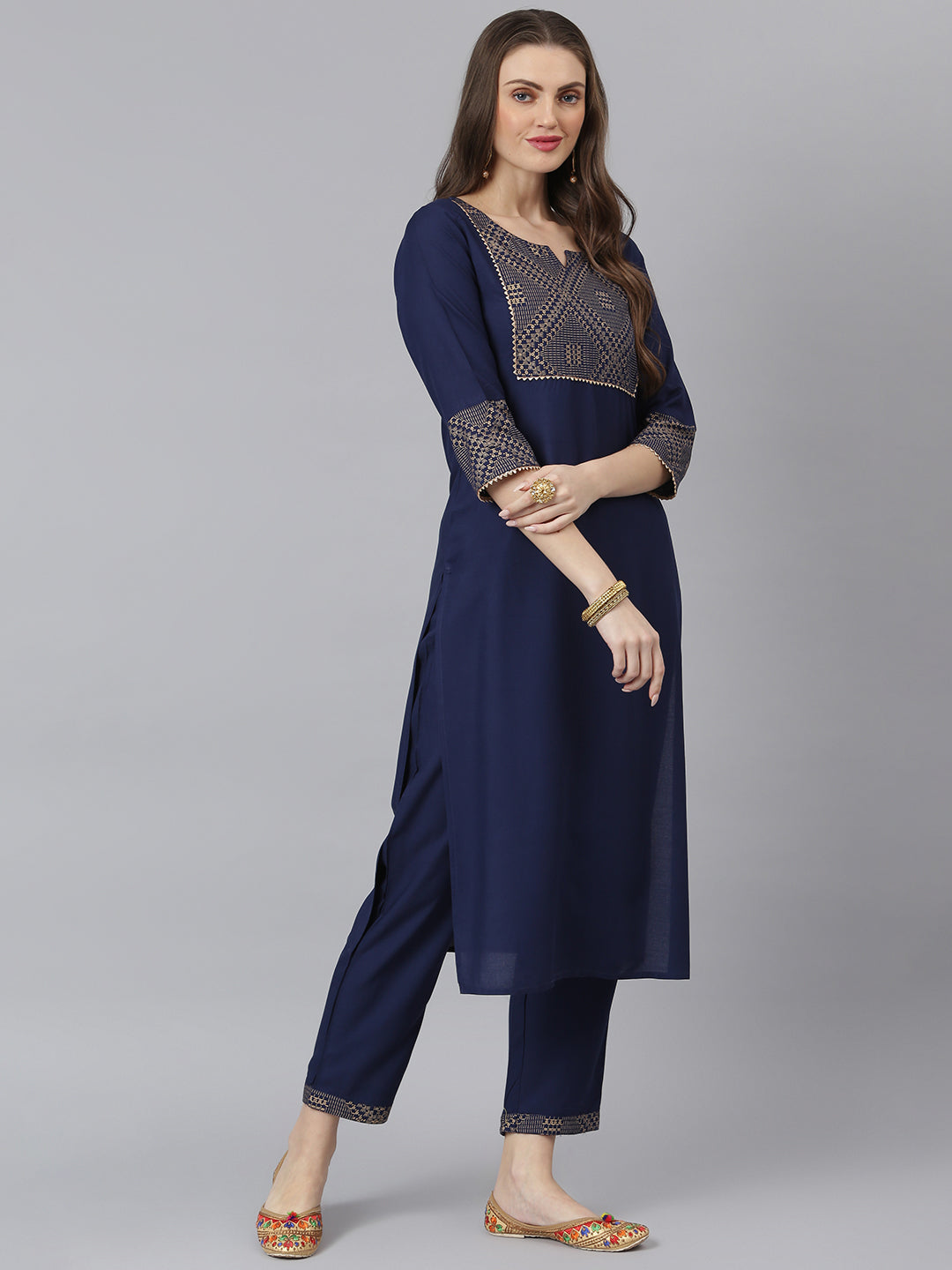 Women Gold Printed Rayon Straight Kurta Pant Dupatta Set (Pre-Order)