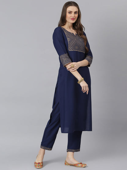 Women Gold Printed Rayon Straight Kurta Pant Dupatta Set (Pre-Order)