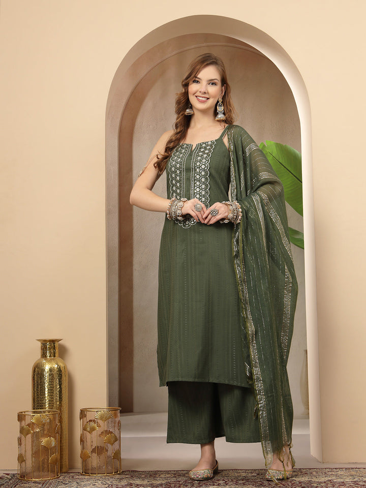 Olive Woven Design &amp; Embroidered Cotton Blend Straight Kurta Palazzo Dupatta Set