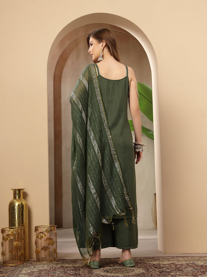 Olive Woven Design &amp; Embroidered Cotton Blend Straight Kurta Palazzo Dupatta Set