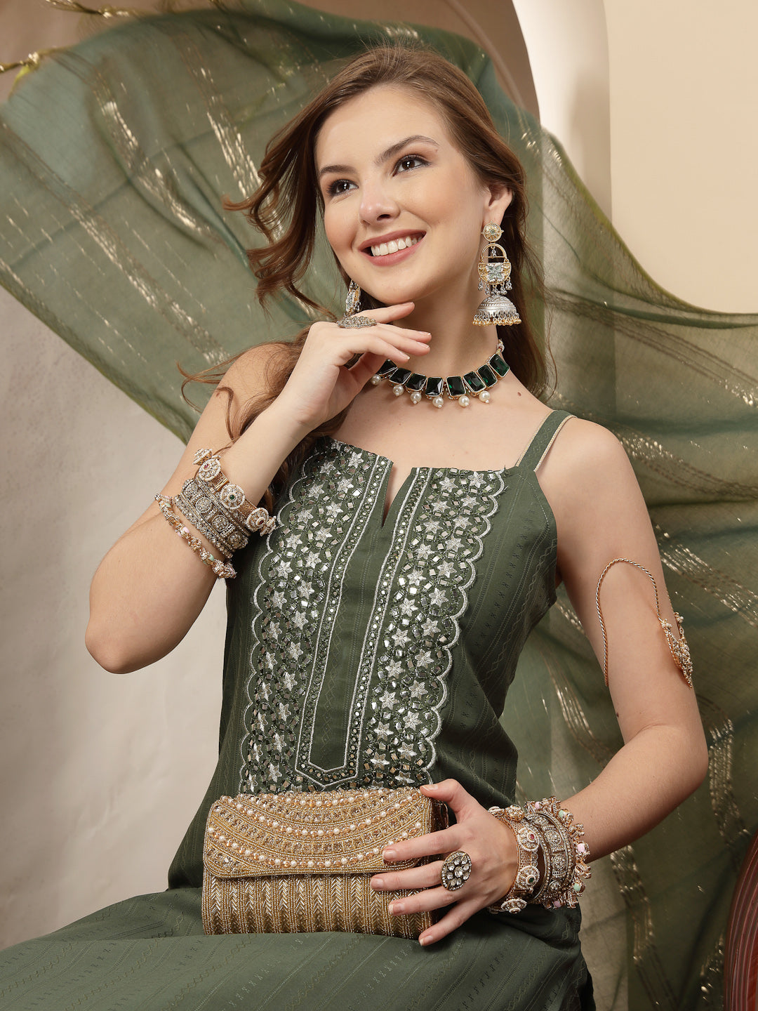 Olive Woven Design & Embroidered Cotton Blend Straight Kurta Palazzo Dupatta Set