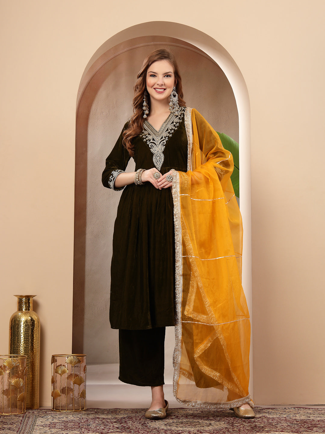Women's Olive Solid & Embroidered Velvet A-Line Kurta Pant Dupatta Set