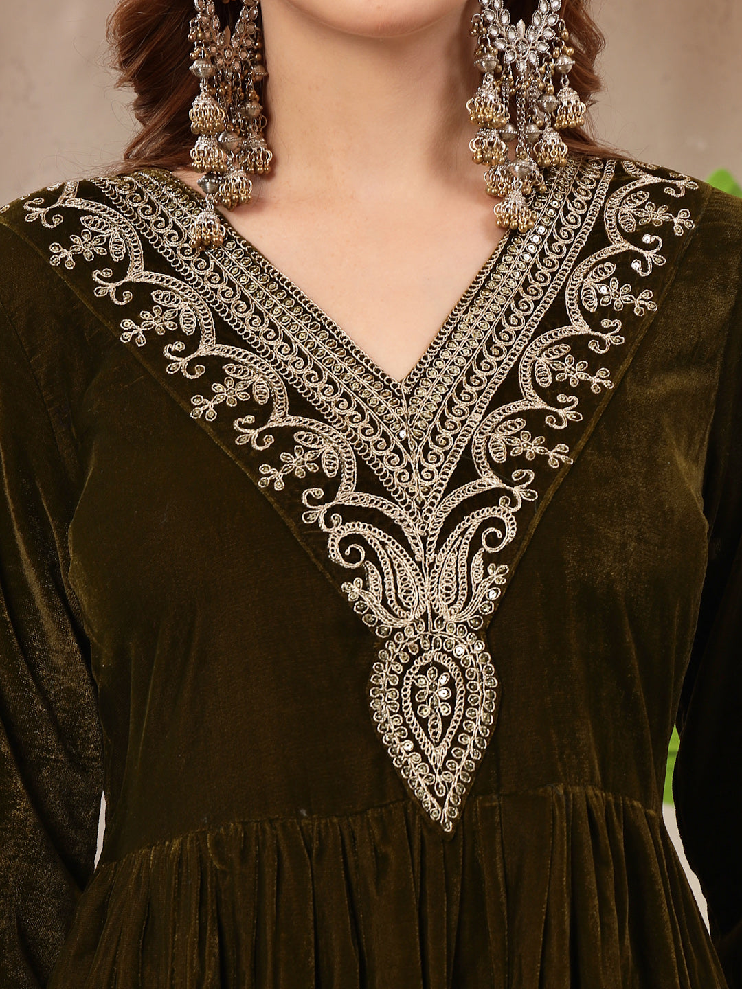 Women's Olive Solid & Embroidered Velvet A-Line Kurta Pant Dupatta Set