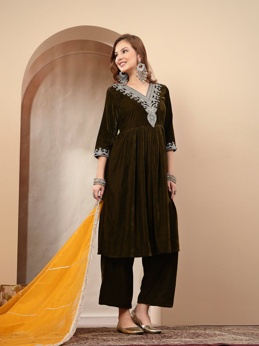 Women's Olive Solid & Embroidered Velvet A-Line Kurta Pant Dupatta Set