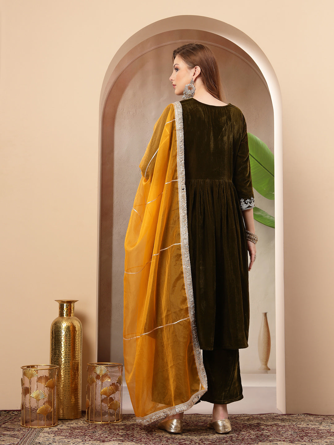 Women's Olive Solid & Embroidered Velvet A-Line Kurta Pant Dupatta Set
