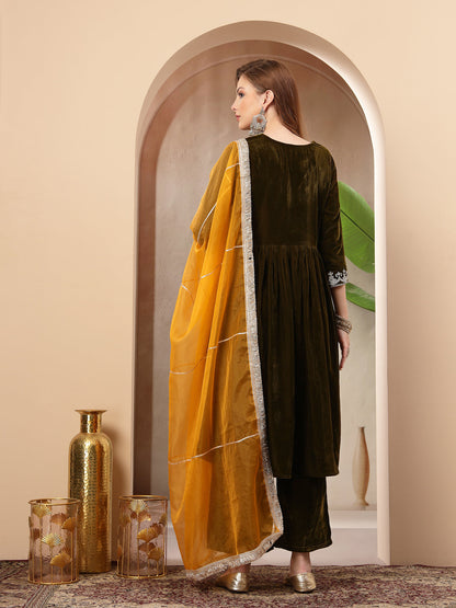 Women's Olive Solid & Embroidered Velvet A-Line Kurta Pant Dupatta Set