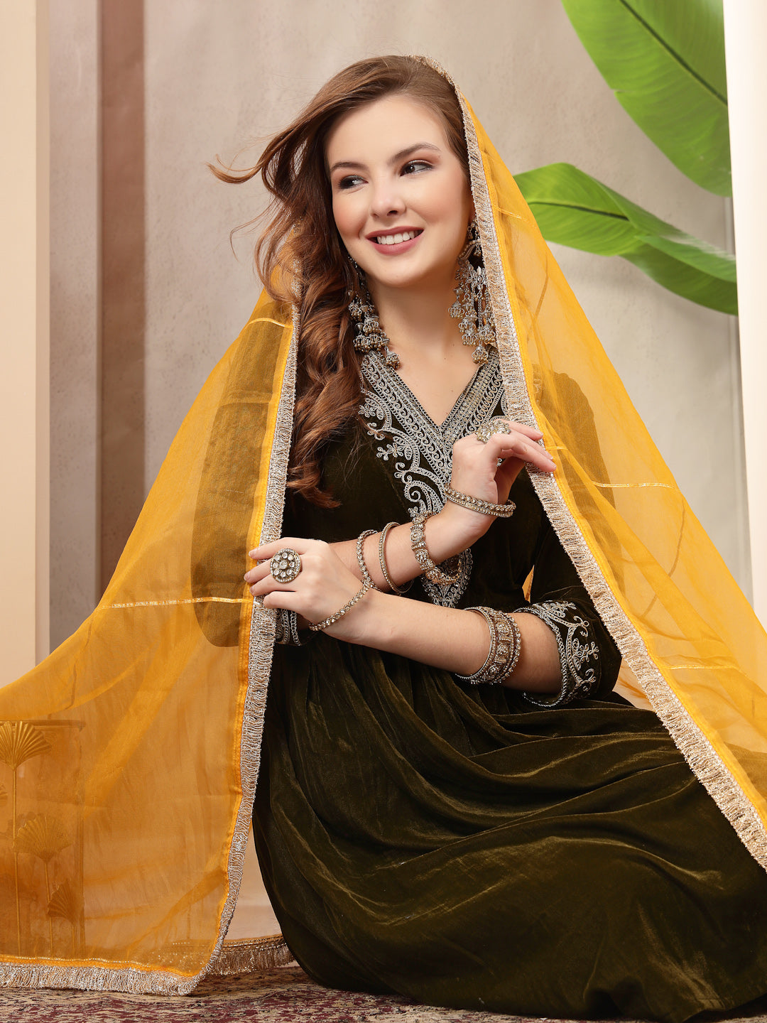 Women's Olive Solid & Embroidered Velvet A-Line Kurta Pant Dupatta Set