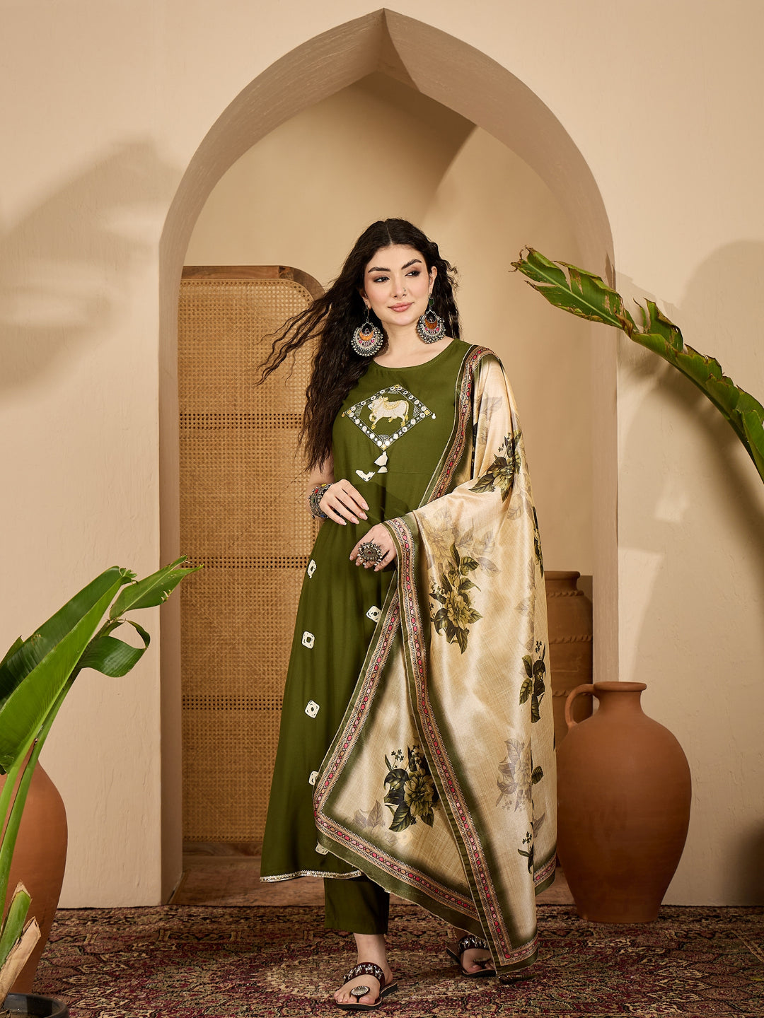 Olive Green Bandhej & Embroidered Rayon A-Line Kurta Pant Dupatta Set