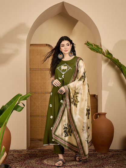 Olive Green Bandhej & Embroidered Rayon A-Line Kurta Pant Dupatta Set