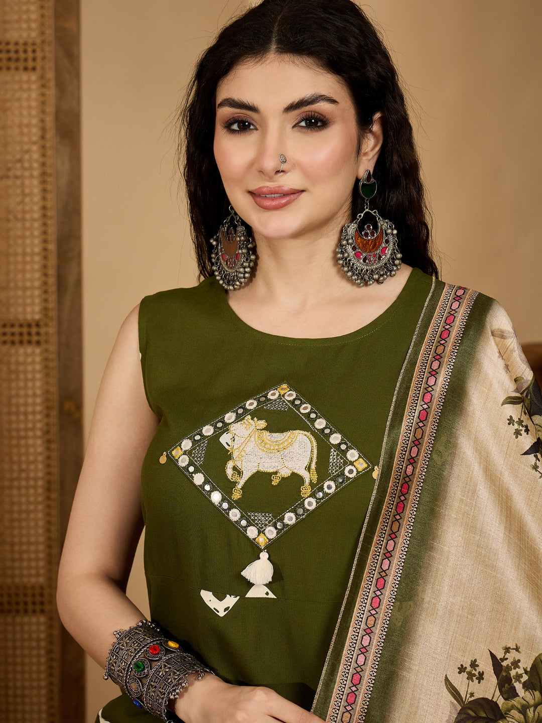 Olive Green Bandhej &amp; Embroidered Rayon A-Line Kurta Pant Dupatta Set
