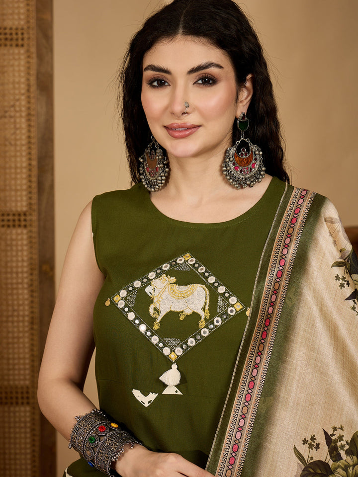 Olive Green Bandhej &amp; Embroidered Rayon A-Line Kurta Pant Dupatta Set