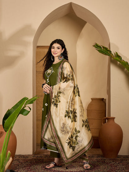 Olive Green Bandhej & Embroidered Rayon A-Line Kurta Pant Dupatta Set