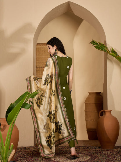 Olive Green Bandhej & Embroidered Rayon A-Line Kurta Pant Dupatta Set