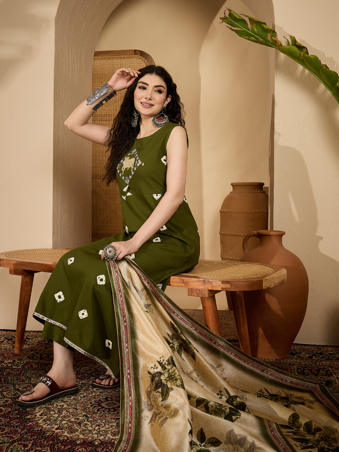 Olive Green Bandhej & Embroidered Rayon A-Line Kurta Pant Dupatta Set