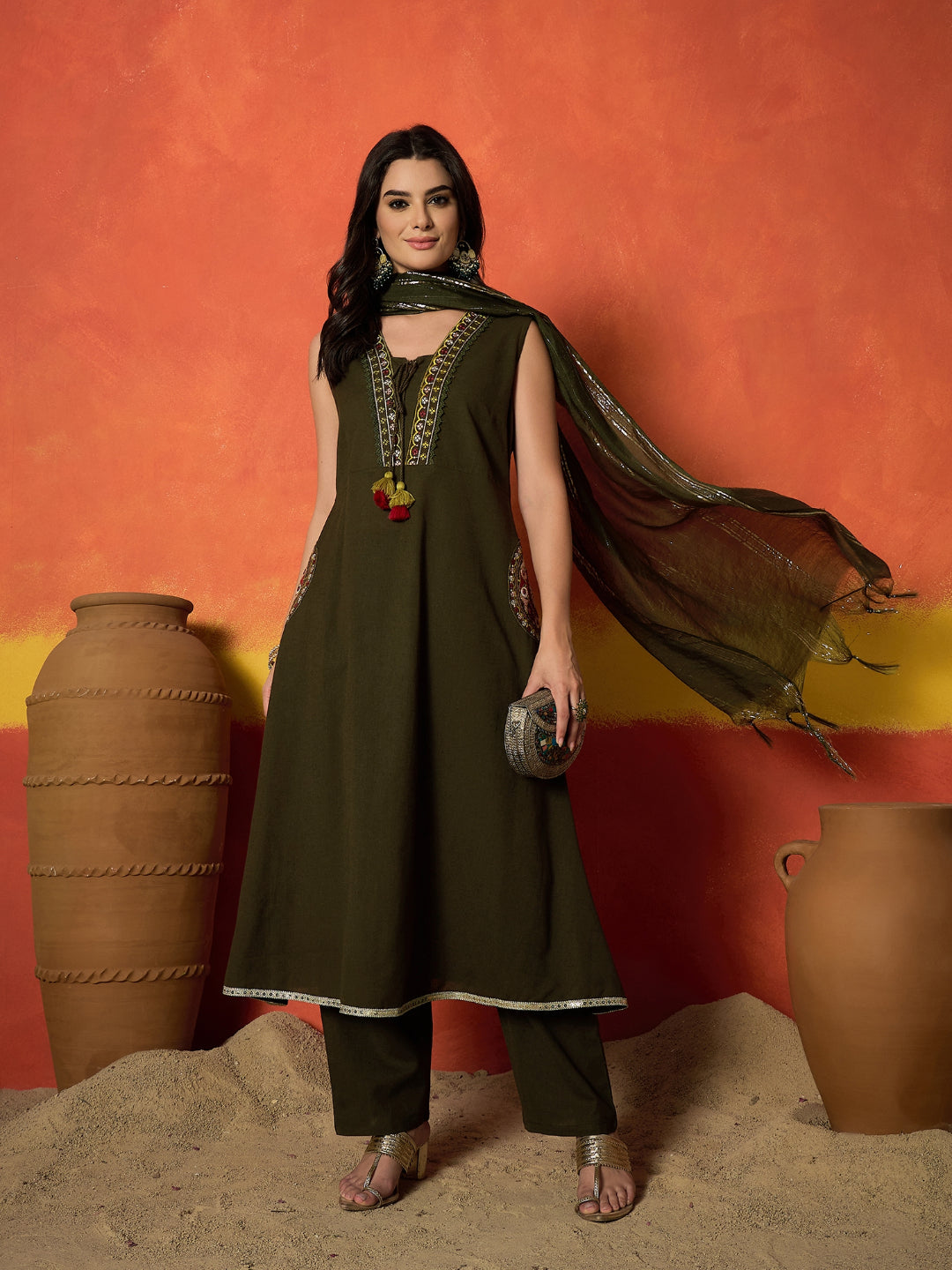Solid &amp; Embroidered Rayon A-Line Kurta Pant Dupatta Set