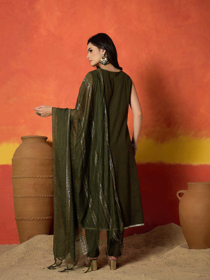 Solid &amp; Embroidered Rayon A-Line Kurta Pant Dupatta Set