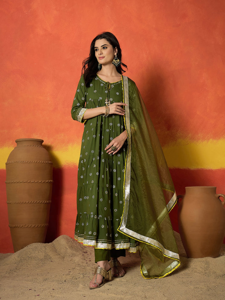 Ethnic Motif Printed Rayon Anarkali Kurta Pant Dupatta Set