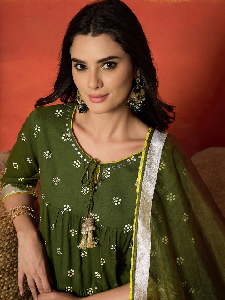Ethnic Motif Printed Rayon Anarkali Kurta Pant Dupatta Set