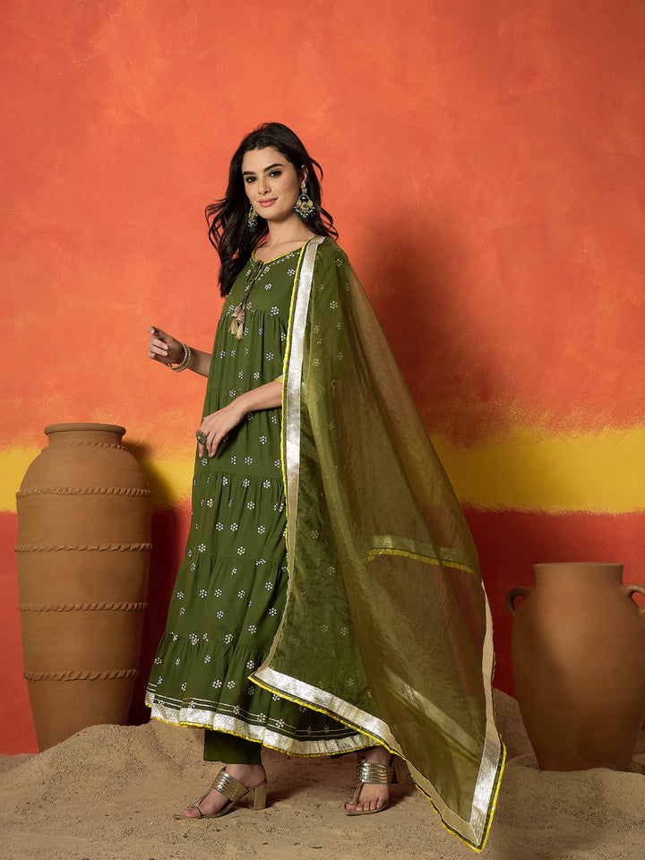 Ethnic Motif Printed Rayon Anarkali Kurta Pant Dupatta Set
