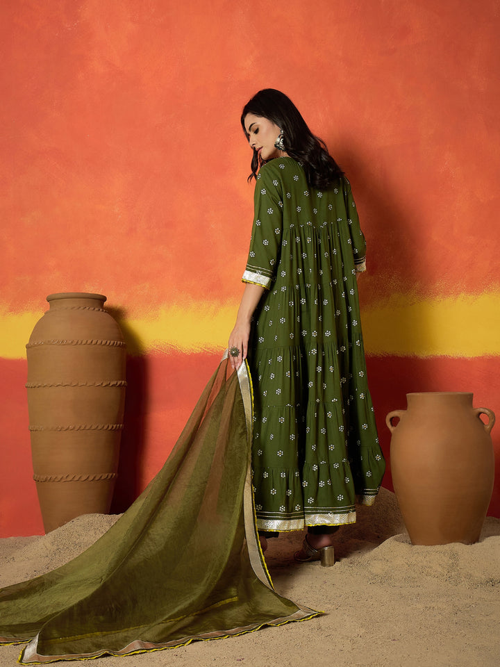 Ethnic Motif Printed Rayon Anarkali Kurta Pant Dupatta Set