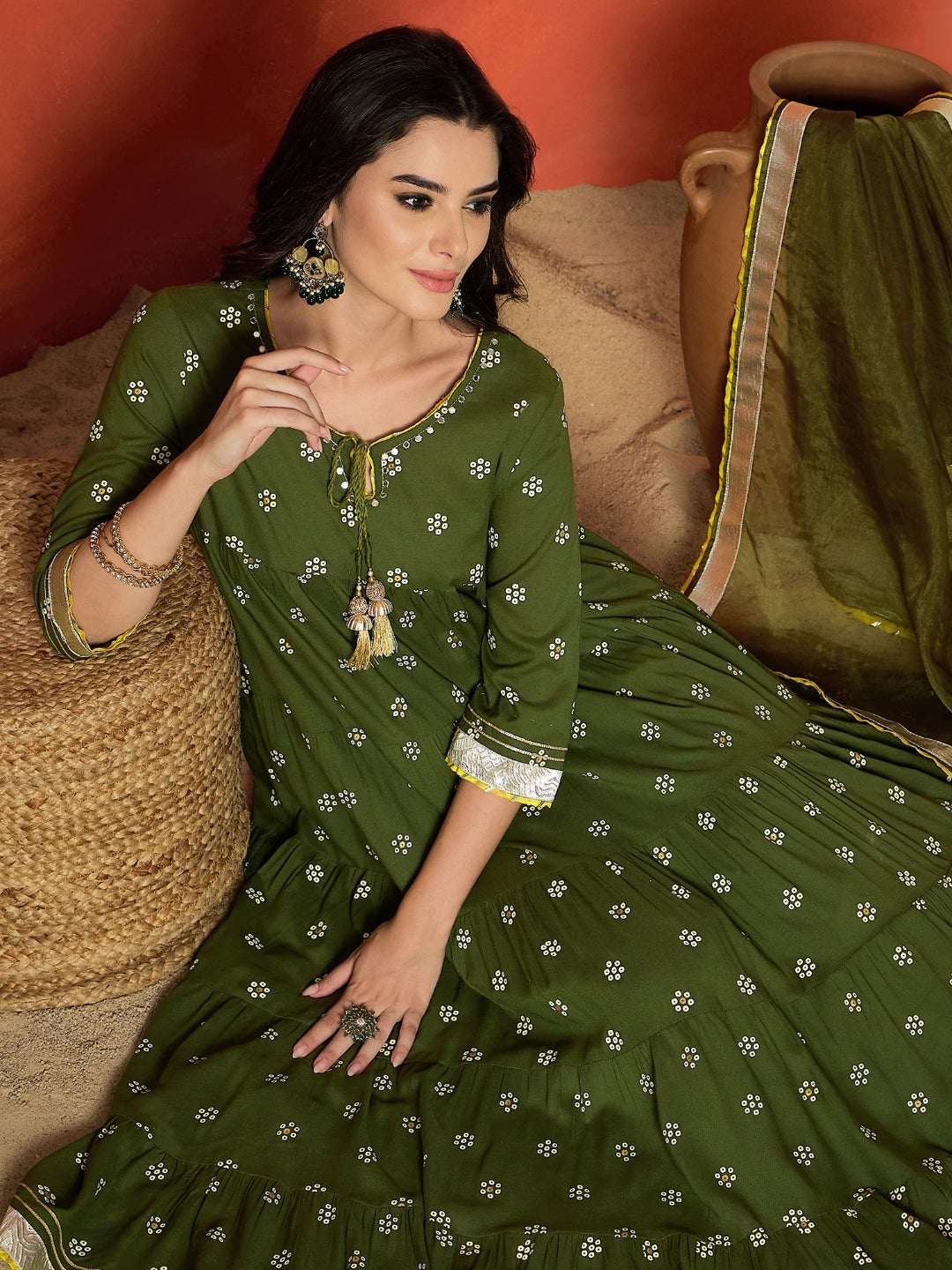 Ethnic Motif Printed Rayon Anarkali Kurta Pant Dupatta Set