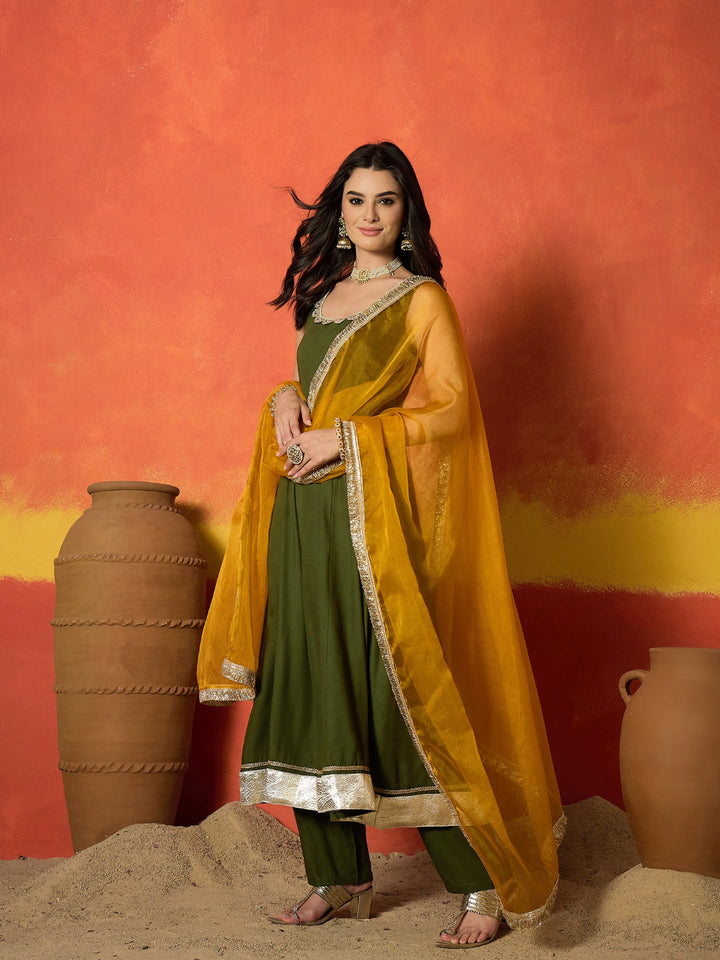 Solid Rayon Anarkali Kurta Pant Dupatta Set