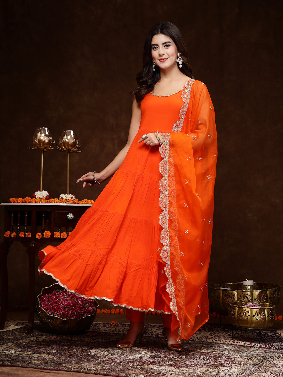 Orange Solid Rayon Tiered Kurta Pant Dupatta Set (Pre-Order)