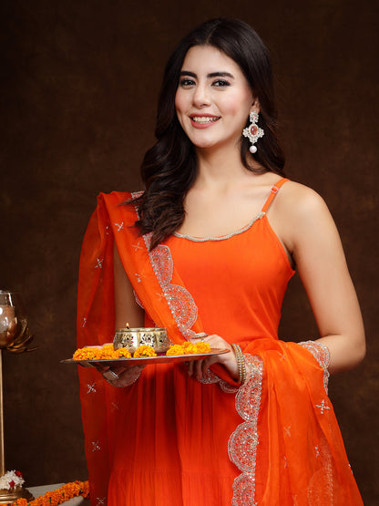 Orange Solid Rayon Tiered Kurta Pant Dupatta Set