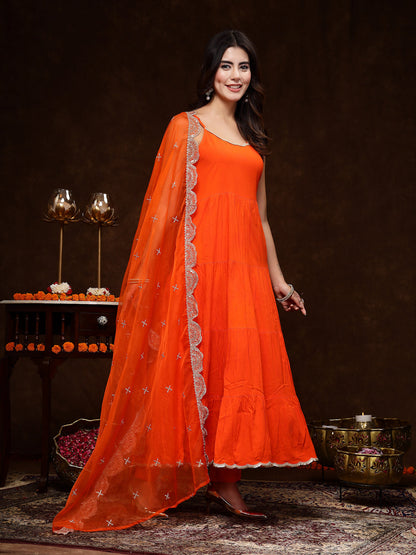 Orange Solid Rayon Tiered Kurta Pant Dupatta Set