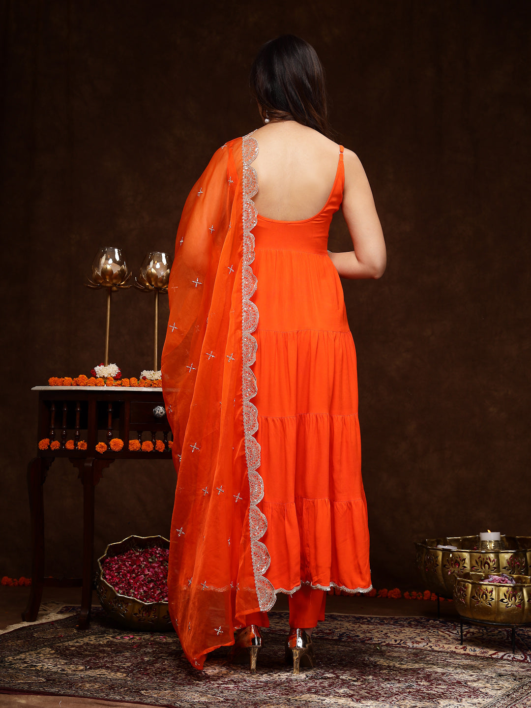 Orange Solid Rayon Tiered Kurta Pant Dupatta Set