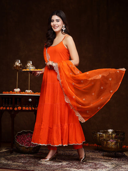 Orange Solid Rayon Tiered Kurta Pant Dupatta Set