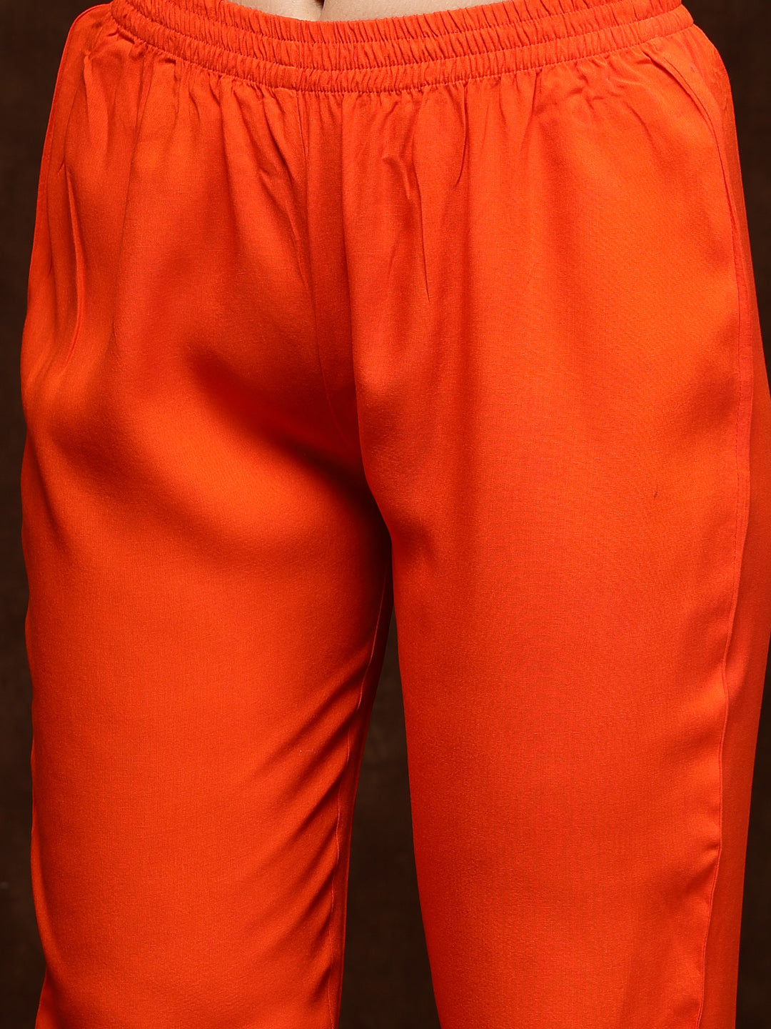 Orange Solid Rayon Tiered Kurta Pant Dupatta Set