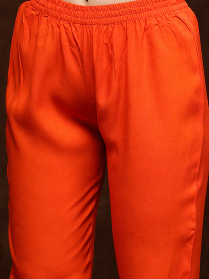 Orange Solid Rayon Tiered Kurta Pant Dupatta Set