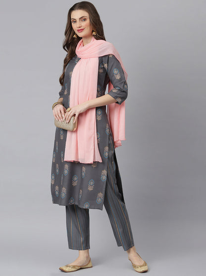 Women Floral Print Rayon Straight Kurta Pant Dupatta Set (Pre-Order)