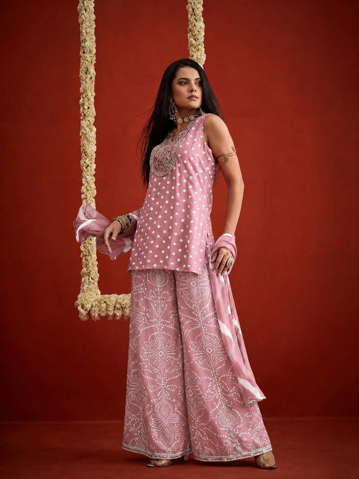 Bandhej Printed &amp; Embroidered Rayon Straight Short Kurti Palazzo Dupatta Set
