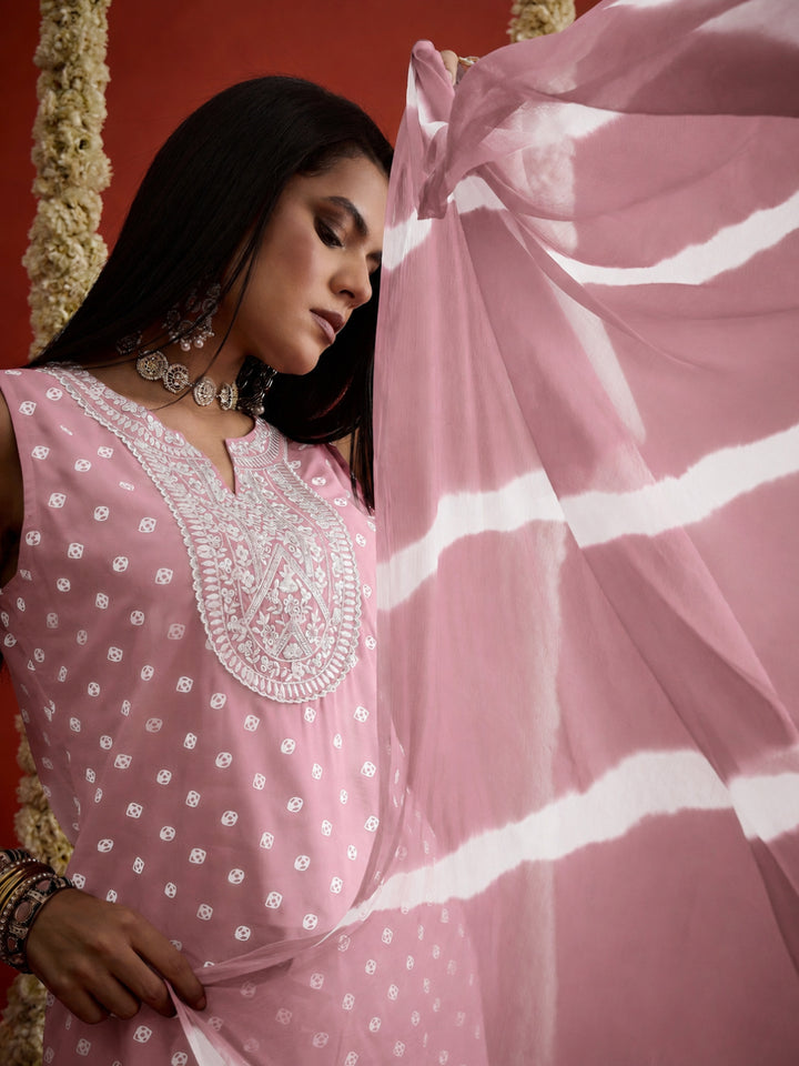 Bandhej Printed &amp; Embroidered Rayon Straight Short Kurti Palazzo Dupatta Set