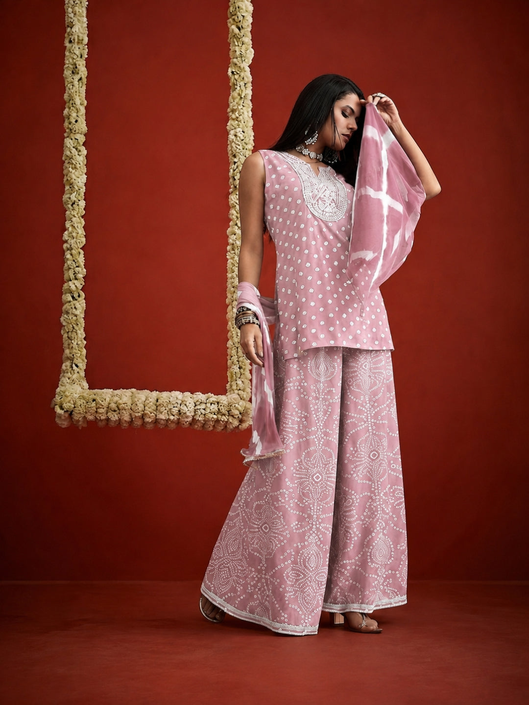 Bandhej Printed &amp; Embroidered Rayon Straight Short Kurti Palazzo Dupatta Set