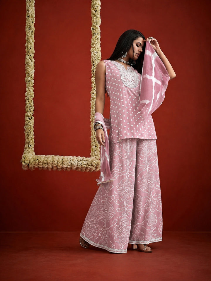 Bandhej Printed &amp; Embroidered Rayon Straight Short Kurti Palazzo Dupatta Set