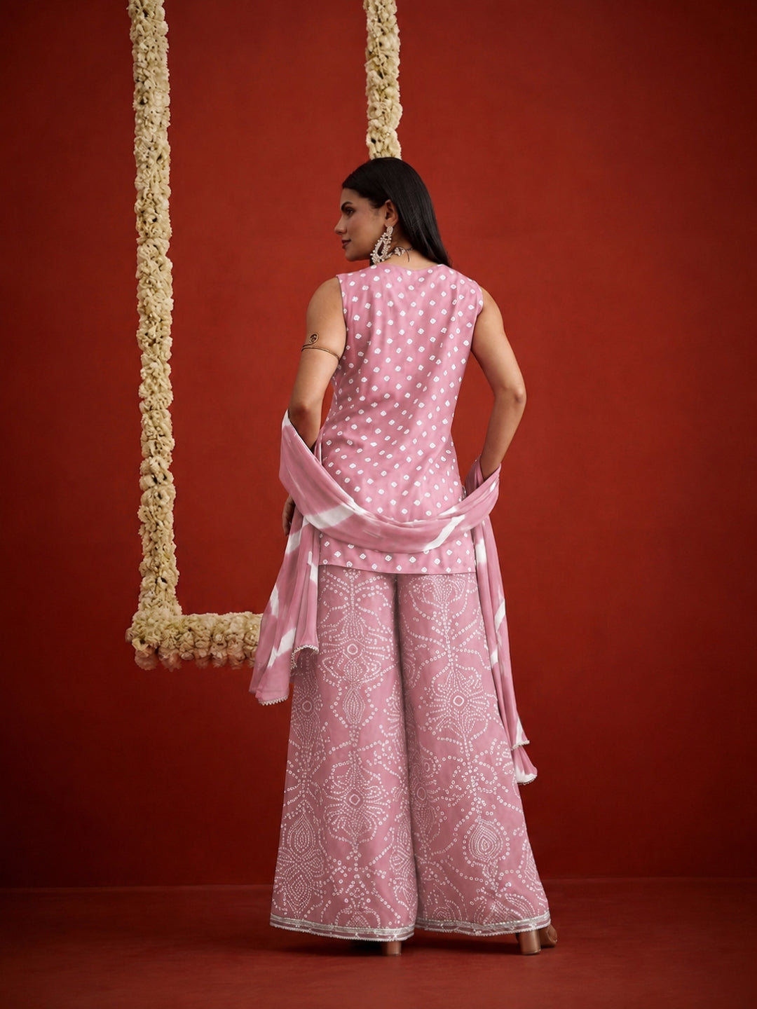 Bandhej Printed &amp; Embroidered Rayon Straight Short Kurti Palazzo Dupatta Set
