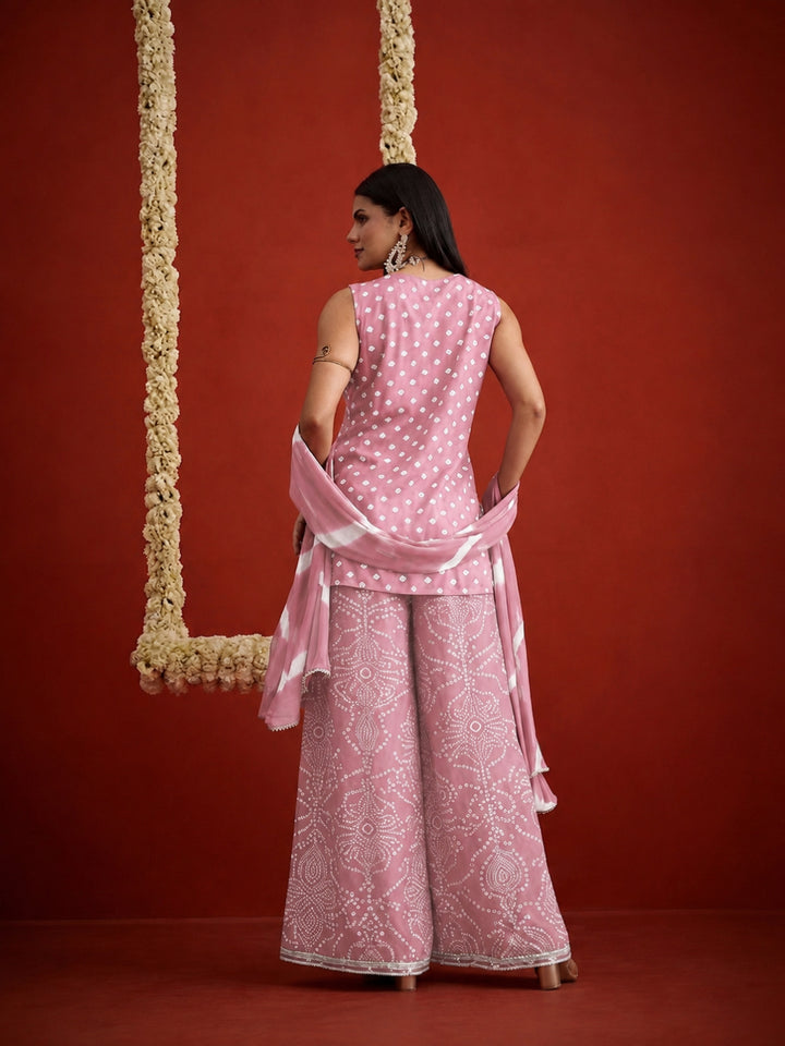 Bandhej Printed &amp; Embroidered Rayon Straight Short Kurti Palazzo Dupatta Set