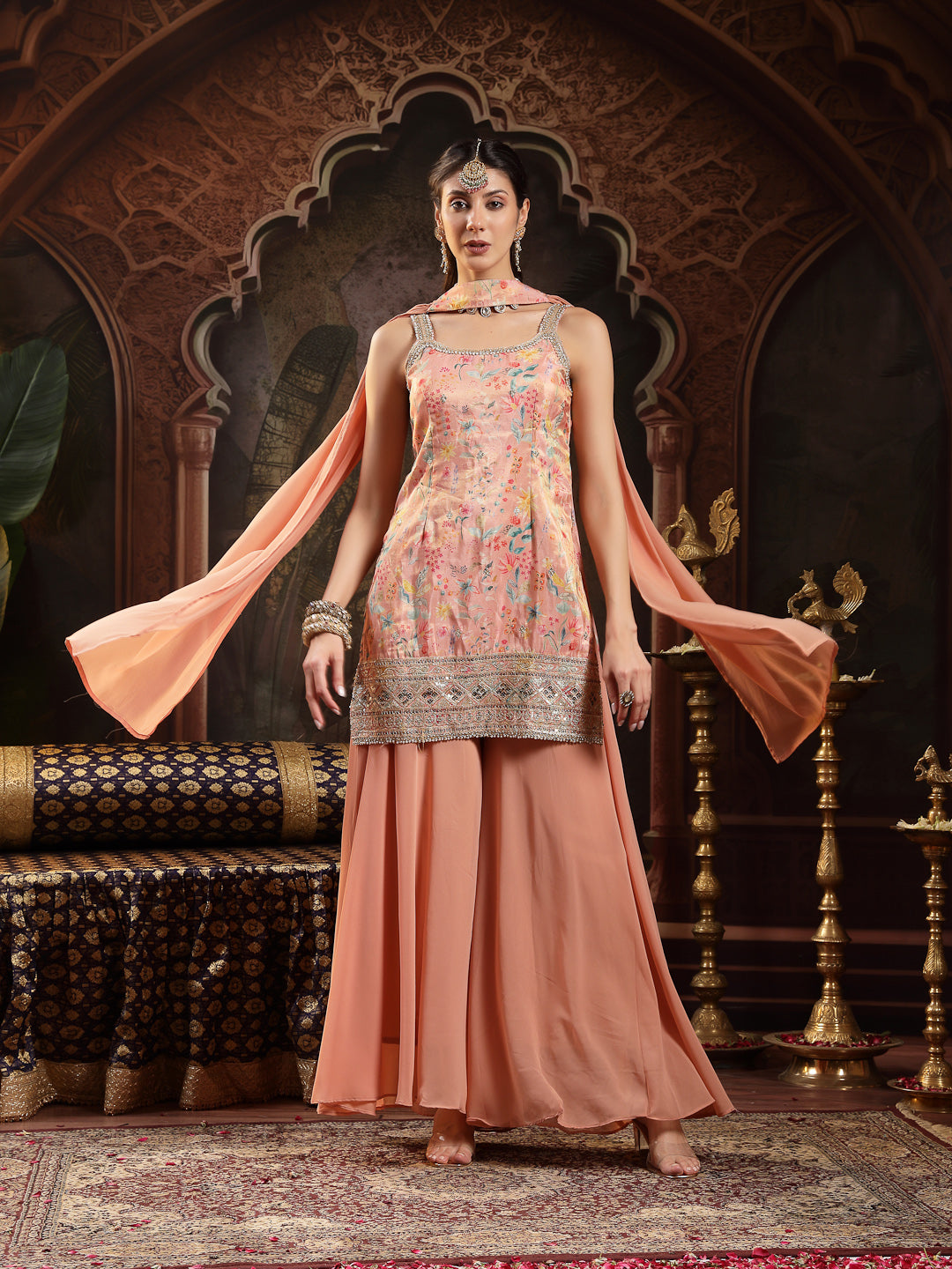 Peach Floral Printed &amp; Embroidered Silk Blend Straight Short Kurti Palazzo Dupatta Set