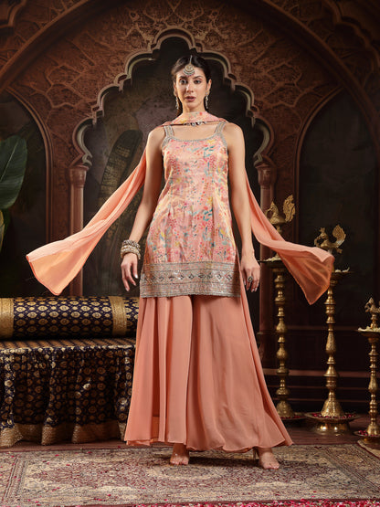 Peach Floral Printed & Embroidered Silk Blend Straight Short Kurti Palazzo Dupatta Set
